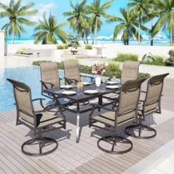 Captiva Designs 7pc Outdoor Slat-top Rectangle Steel Dining Table & Grayish Brown Padded Sling Chairs -Furniture GUEST 7ba08e75 1f05 4648 b429 1ffb9a051586