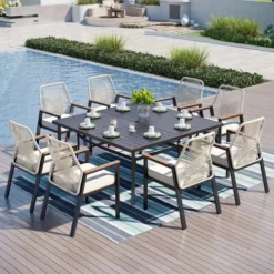Captiva Designs 1pc Patio Spacious Slat-top Square Metal Dining Table With Umbrella Hole For 8 -Furniture GUEST 7bb31103 ef0a 4959 931e 9553d752e446