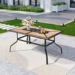 Captiva Designs 1Pc Outdoor Wood-look Rectangle Steel Frame Dining Table With Umbrella Hole -Furniture GUEST 7c3dedbe a51e 4b9b a4f6 c0dc04f00252