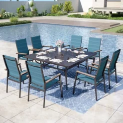 Captiva Designs 1pc Patio Spacious Slat-top Square Metal Dining Table With Umbrella Hole For 8 -Furniture GUEST 7d731d92 56c0 4733 a71c 7400b9504d14
