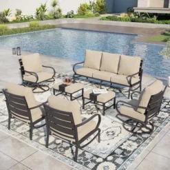 Captiva Designs 7pc Metal Patio Furniture Conversation Set With Swivel Chairs For Garden Porch Backyard -Furniture GUEST 7d81796e 3401 48d1 b0bf aaba44037852