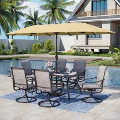 Captiva Designs 8pc Patio Rectangular Steel Dining Table & Sling Swivel Chairs & Market Umbrella -Furniture GUEST 819aa67e ba2d 427c b06f 2eb53bb80cdd