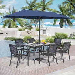 Captiva Designs 8pc Patio Dining Set With Rectangular Steel Table & Black Steel Chairs & Blue Umbrella -Furniture GUEST 824ec913 d530 457b 8668 f3d26eeb7b4e