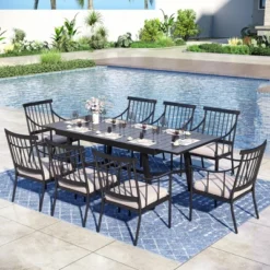 Captiva Designs 9pc Patio Slat-top Adjustable Steel Rectangle Table & Stylish Arm Chairs With Cushions 31 Captiva Designs 9pc Patio Slat-top Adjustable Steel Rectangle Table & Stylish Arm Chairs With Cushions -Furniture GUEST 85a7fcbe 94b5 4f48 acc0 e902d51c10bd