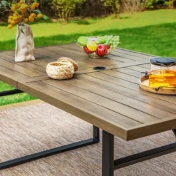 Captiva Designs 7pc Patio Dining Set Wood-look Rectangle Table & Cushioned Metal Chairs -Furniture GUEST 85c77baa 6fbe 4dbd b495 a5d642a7c3ac