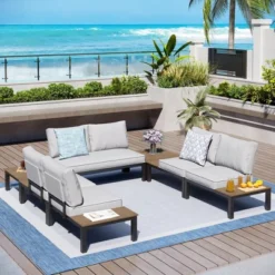 Captiva Designs Outdoor Off-white Conversation Set With Sectional Sofa & Coffee Table & Removable Cushion -Furniture GUEST 8626722b 24c6 4e5b b9ac 85f30e9fb4f5