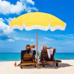 Captiva Designs 7ft Fringed Elegant Valance Crank Tilt Patio Market Umbrella