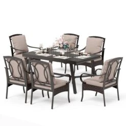 Captiva Designs 7pc Patio Dining Set With Slat-top Steel Table & Rattan Metal Chairs With Removable Cushions -Furniture GUEST 863e7f19 6d89 4b20 9c4a 9ab092bc5706