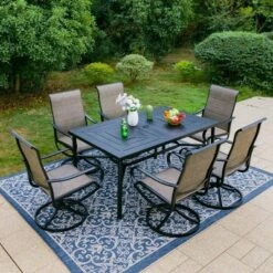 7pc Outdoor Dining Set With Padded Swivel Chairs & Metal Rectangle Table With Umbrella Hole - Gray - Captiva Hole -Furniture GUEST 864eaacc b1f7 4c07 926c e2052ceb9776