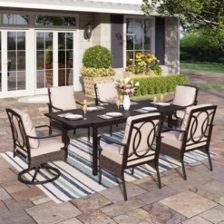 Captiva Designs 7pc Patio Dining Set With Slat-top Rectangle Table & Rattan Metal Fixed Chairs & Swivel Arm Chairs -Furniture GUEST 88ca69a2 fc25 452d ac4d 0d4041e645d8