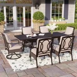 Captiva Designs 7pc Patio Dining Set With Slat-top Rectangle Table & Rattan Metal Fixed Chairs & Swivel Arm Chairs -Furniture GUEST 8919ddd8 d64e 4b59 b595 44cc7be7f8f0