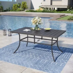 Captiva Designs 8pc Patio Dining Set With Rectangular Table & Armrest Rattan Chairs & Market Umbrella