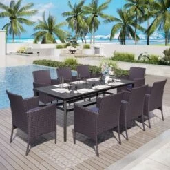 Captiva Designs 9pc Spacious Slat-top Rectangle Metal Table With Umbrella Hole & Armrest Rattan Chairs -Furniture GUEST 8a3b4816 ea7d 4685 8fbb d76052ba8381