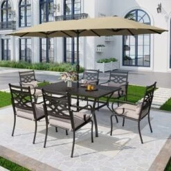 Captiva Designs 8Pc Outdoor Steel Rectangle Dining Table & Cushioned Metal Chairs & Market Umbrella -Furniture GUEST 8c87da57 6562 4503 a933 7ddbdc4d2f02