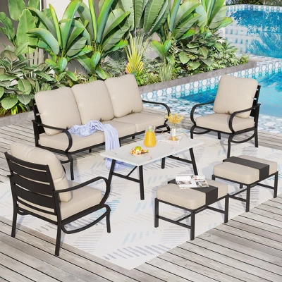 Captiva Designs 6pc Metal Patio Furniture Conversation Set With Armchairs And Ottomans For Garden Porch Backyard 11 Captiva Designs 6pc Metal Patio Furniture Conversation Set With Armchairs And Ottomans For Garden Porch Backyard - Image 9