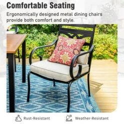 Captiva Designs 8Pc Outdoor Steel Rectangle Dining Table & Cushioned Metal Chairs & Market Umbrella