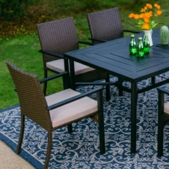 7pc Outdoor Dining Set With Rectangular Steel Table With 1.9" Umbrella Hole & Rattan Wicker Chairs With Cushions - Beige - Captiva Designs -Furniture GUEST 8f04f425 6a90 4144 8469 761d53894143