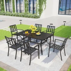 7pc Patio Dining Set, Rectangle Steel Table With Umbrella Hole, Stackable Stripe Pattern Arm Chairs - Black - Captiva Designs 13 7pc Patio Dining Set, Rectangle Steel Table With Umbrella Hole, Stackable Stripe Pattern Arm Chairs - Black - Captiva Designs -Furniture GUEST 8f0caafc dfa8 4247 a15b d629ca8e64d5