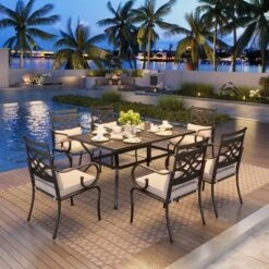 Captiva Designs 7pc Patio Dining Steel Table & Metal Chairs With Seat Cushions & Waist Pillows -Furniture GUEST 90e559cd d4aa 40c2 bfbb ee72deb86f72