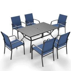 Captiva Designs 7pc Patio Dining Set With Slat-top Rectangle Table & Sling Fixed Chairs -Furniture GUEST 934291c6 8880 47ce 8c0a 9bbf762a0e4d