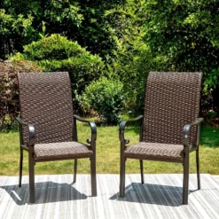 5pc Patio Dining Set With Rattan Arm Chairs & Square Steel Table - Captiva Designs
