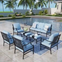 Captiva Designs 7pc Metal Patio Outdoor Conversation Set With Grid-back Armchairs, Ottomans For Garden, Poolside, Backyard -Furniture GUEST 950dbfb8 2283 4700 9118 5ab65630f4b4