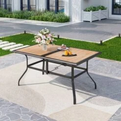 Captiva Designs 1Pc Outdoor Wood-look Rectangle Steel Frame Dining Table With Umbrella Hole -Furniture GUEST 967182f7 5721 4507 a1ef 56f4d1ebac87