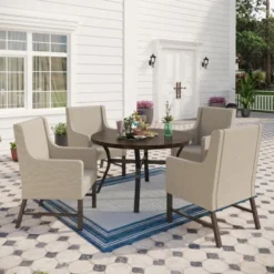 Captiva Designs 5pc Patio Dining Round Wood-look Table With Umbrella Hole & Assorted Cushioned/Textilene Chairs -Furniture GUEST 972a6842 62d1 4103 a43c e5f53077b036