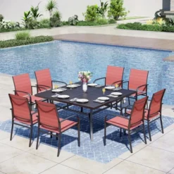 Captiva Designs 9pc Spacious Slat-top Square Metal Table With Umbrella Hole & Sling Fixed Dining Chairs -Furniture GUEST 972ffe96 63d3 4896 97f5 8350dffe33d7
