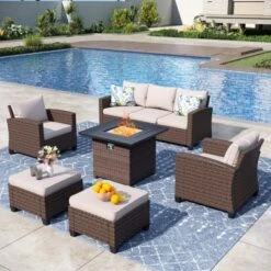 Captiva Designs 6pc Outdoor Patio Wicker Rattan Fire Pit Set With Cushioned Ottomans And Single Sofas -Furniture GUEST 97abd51d f1c9 4dbb 9dbf cf8da8fddbec