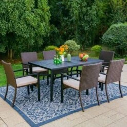 7pc Outdoor Dining Set With Rectangular Steel Table With 1.9" Umbrella Hole & Rattan Wicker Chairs With Cushions - Beige - Captiva Designs -Furniture GUEST 9833da0e 4070 469e 9665 d61dfac81578