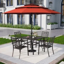 Captiva Designs 6pc Outdoor Patio Square Steel Dining Table With Stackable Metal Chairs And Market Umbrella -Furniture GUEST 990e16ef 7763 4477 a890 f209221dd7db