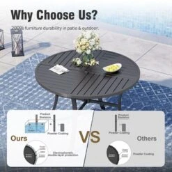 Captiva Designs 6pc Outdoor Slat-top Round Metal Dining Table & Stackable Metal Chairs & Beige Umbrella