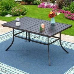 7pc Outdoor Dining Set With Swivel Sling Chairs & Metal Rectangle Table With Umbrella Hole - Black - Captiva Designs