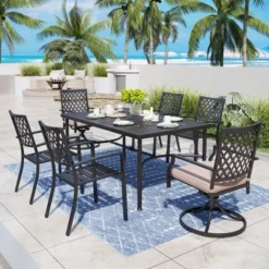 Captiva Designs 7pc Patio Dining Geometric Pattern Rectangular Steel Table & Mesh Back Metal Arm Chairs -Furniture GUEST 9d6ad28a a71d 43cb a412 2e7a1f397a32