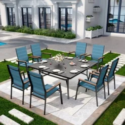 Captiva Designs 9pc Patio Slat-top Square Metal Dining Table & Stackable Textilene Aluminum Chairs -Furniture GUEST 9e76b4c2 5240 4668 bb27 9ac1e5edb2ae