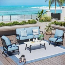 Captiva Designs 4pc Patio Outdoor Conversation Set With Rocking Grid-back Chairs For Garden, Poolside, Backyard -Furniture GUEST 9f0603c4 b98e 4b3e a21e 68f6c0b1864d