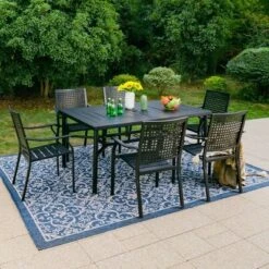 7pc Outdoor Dining Set With Steel Chairs & Large Metal Rectangle Table With Umbrella Hole - Captiva Designs -Furniture GUEST a1e529a0 3408 432d ae84 12850d143923