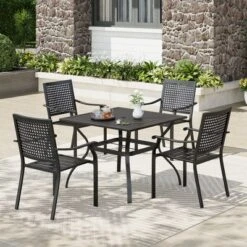 Captiva Designs 5pc Patio Slat-top Square Steel Dining Table With Umbrella Hole & Metal Arm Chairs -Furniture GUEST a2579450 7462 45d5 8345 509dac47655c