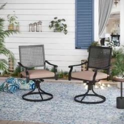 7pc Outdoor Dining Set With Swivel Chairs With Cushions & Faux Wood Table With Umbrella Hole - Captiva Designs -Furniture GUEST a3060411 1dfe 4876 96ac 2bd439097d83 1