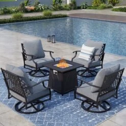 Captiva Designs 5pc Metal Patio Outdoor Conversation Fire Pit Set With Swivel Grid-back Armchairs For Garden, Poolside, Backyard -Furniture GUEST a3e329cd 7a1b 4eea 99a6 8d305321aa41