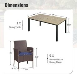 Captiva Designs 7pc Patio Wood-look Rectangle Dining Table & Rattan Chairs With Removable Cushions -Furniture GUEST a3f4a84f cc23 4848 8088 7fe0643680a6