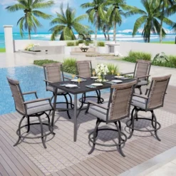 Captiva Designs 7pc Outdoor Patio Slatted Top Rectangle Metal Bar Table & Steel Swivel Bar Stools -Furniture GUEST a4332431 c58a 4773 b91a 107bb180b783
