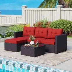 3pc Steel & Wicker Outdoor Conversation Set With Square Coffee Table & Cushions - Captiva Designs -Furniture GUEST a4e22e0f aff3 45dd 9e5d 3e8c46b803d9
