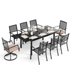 Captiva Designs 9pc Patio Slat-top Adjustable Steel Rectangle Dining Table & Black Metal Chairs -Furniture GUEST a51121f8 de2c 4d34 b768 054a731a308b
