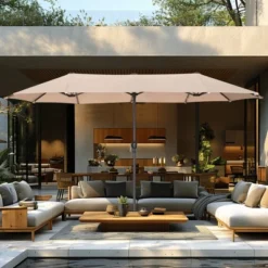 Captiva Designs 8pc Patio Slat-top Rectangle Steel Table & Metal Stackable Chairs & 13ft Large Umbrella -Furniture GUEST a56cf492 79c5 4487 b0e5 2940fb4e647c 4