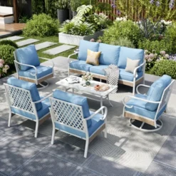 Captiva Designs 6pc Extra Large Metal And Rattan Outdoor Patio Conversation Set With Swivel Grid-back Chairs And Table -Furniture GUEST a6244a35 edee 4d68 aeda 1434bf721502