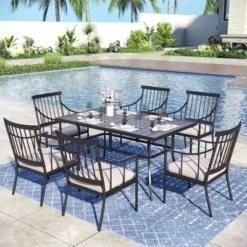 Captiva Designs 7pc Outdoor Patio Slat-top Rectangle Dining Steel Table & Foldable Arm Chairs -Furniture GUEST a6b2ead6 52d7 4f95 9673 b55f66c9ba9a