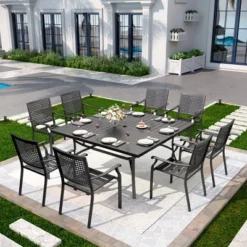 Captiva Designs 9pc Slat-top Square Metal Table With Umbrella Hole & Metal Stackable Chairs With Perforated Back -Furniture GUEST a6b7fa0f d9fe 48ec ae41 20207126d5b2