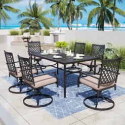 Captiva Designs 7pc Patio Dining Geometric Pattern Rectangular Steel Table & Mesh Back Metal Arm Chairs -Furniture GUEST a78b747a 4c4f 43bc 85c7 21f63a65987c